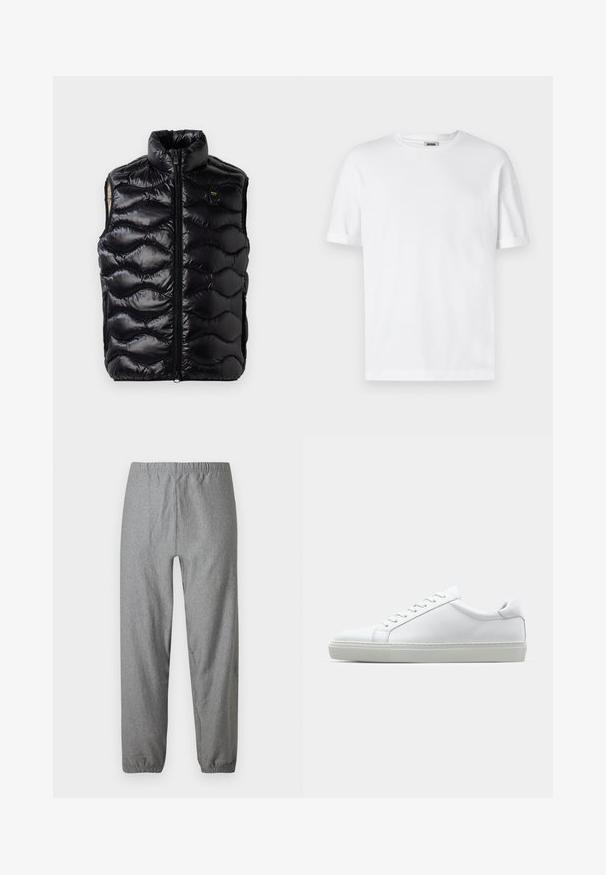 Gilet senza maniche nero in stile piumino, con colletto alto, chiusura a zip e motivo trapuntato testurizzato. Presenta un piccolo logo sul petto.; T-shirt bianco in cotone con scollo a girocollo, maniche corte e risvolti; design semplice, texture morbida e taglio dritto.; Pantaloni grigi e leggeri con vita elasticizzata, gambe leggermente svasate e polsini elasticizzati. Tessuto liscio con un motivo sottile.; Sneaker bianco con tomaia in pelle liscia e profilo basso. Presenta una punta arrotondata, sei occhielli e una suola in gomma testurizzata.