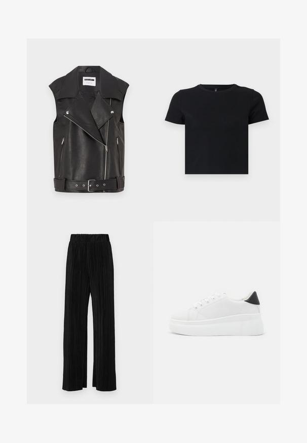 Μαύρο δερμάτινο αμάνικο γιλέκο με κολάρο σε σχήμα V, διαγώνιο φερμουάρ μπροστά, δύο πλευρικές τσέπες με φερμουάρ και ζώνη στη μέση. Η υφή φαίνεται λεία.; Μαύρο κοντομάνικο μπλουζάκι φτιαγμένο από μαλακό βαμβάκι. Διαθέτει στρογγυλή λαιμόκοψη και εφαρμοστή σχεδίαση. Λείος υφασμάτινος ιστός χωρίς μοτίβα ή αξεσουάρ.; Μαύροι πλισέ παντελόνια με ελαστική μέση. Διαθέτουν φαρδιά πόδια και μαλακό, υφασμάτινο υλικό με κατακόρυφες ρίγες.; Λευκά πλατφόρμα αθλητικά παπούτσια κατασκευασμένα από λείο συνθετικό υλικό, με στρογγυλή μύτη, σχέδιο με κορδόνια και υφασμένη καουτσούκ σόλα. Μαύρη έγχρωμη λεπτομέρεια στη φτέρνα.