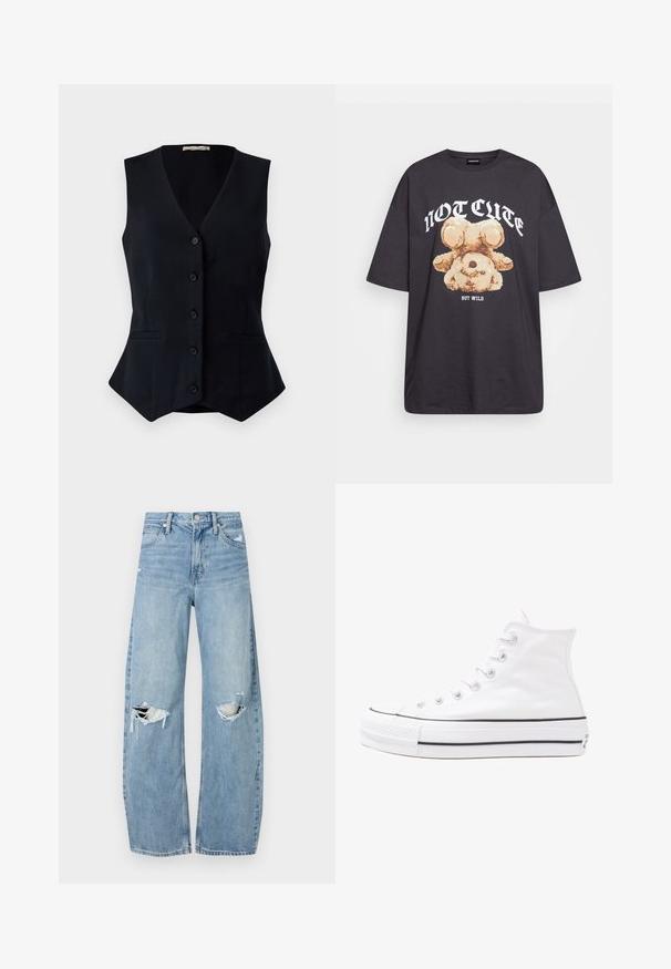 Czarna, bezrękawnikowa kamizelka z dekoltem w serek, pięcioma guzikami z przodu i dwiema bocznymi kieszeniami; dopasowany krój z delikatnym rozkloszowaniem u dołu.; Czarny, oversize t-shirt z grafiką niedźwiedzia i napisem „NIE UROCZY, ALE DZIKI” w grubej, białej czcionce. Materiał bawełniany.; Jasnoniebieskie, wysokiej talii dżinsy wykonane z denimu. Posiadają szerokie nogawki, dwa podarte miejsca na kolanach oraz klasyczne pięć kieszeni.; Białe wysokie trampki z płótna z czarną gumową podeszwą, przednim czubkiem z gumy i sześcioma dziurkami na sznurowadła, charakteryzujące się prostym, minimalistycznym designem.