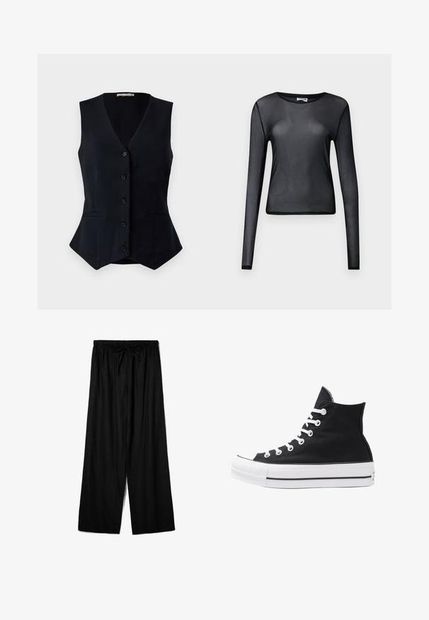 Czarna, bezrękawnikowa kamizelka z dekoltem w serek, pięcioma guzikami z przodu i dwiema bocznymi kieszeniami; dopasowany krój z delikatnym rozkloszowaniem u dołu.; Czarna bluzka z długim rękawem wykonana z przezroczystego materiału, z okrągłym dekoltem i dopasowanym krojem, z delikatnie wykończonymi brzegami.; Czarne spodnie szerokie z lekkiego materiału, wyposażone w elastyczny pasek w talii z sznurkiem do regulacji dopasowania. Gładka faktura.; Czarny wysokopodbiciowy sneaker z płótna, z białymi oczkami, sznurówkami i gumową podeszwą. Posiada teksturowany czubek oraz czarno-białe paski.