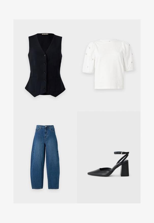Fekete, ujjatlan mellény V-nyakkal, öt gombbal az elején és két oldalsó zsebbel; testhez simuló fazon, amely a szegélye felé enyhén bővül.; Fehér pamut póló rövid puffos ujjakkal, a ujjain kicsi ezüst díszítések találhatók. Klasszikus kerek nyakú, laza fazonú.; Közepes kék mosású farmernadrág, magas derékkal, széles lábszárral és hagyományos öt zsebes kialakítással, látható varrási részletekkel.; Fekete bőr, hegyes orrú magassarkú cipő boka pánttal és vastag sarokkal. Sima textúra, elegáns dizájn és minimális esztétika.