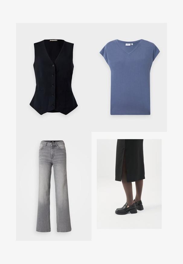 Schwarze, ärmellose Weste mit einem V-Ausschnitt, fünf Knöpfen an der Vorderseite und zwei Seitentaschen; taillierte Passform mit einer leichten Weite am Saum.; V-Ausschnitt, kurzärmliges T-Shirt in einer sanften blauen Farbe, aus weichem Baumwollmaterial mit glatter Textur und lässiger Passform.; Hochtaillierte graue Denim-Jeans mit geradem Bein, Frontknopf und Reißverschluss, Vorder- und Gesäßtaschen sowie ausgewaschenen Schattierungen an Oberschenkeln und Waden.; Schwarze Lederschuhe mit abgerundetem Zeh, dicker Blockabsatz und elastischen seitlichen Akzenten, kombiniert mit dunklen Strumpfhosen und einem schwarzen Rock mit Schlitz.