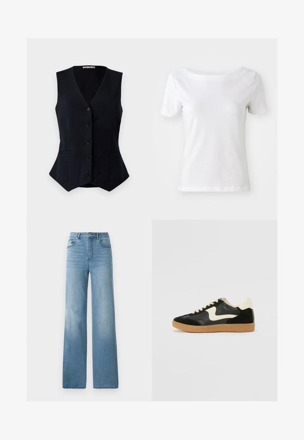 Schwarze, ärmellose Weste mit einem V-Ausschnitt, fünf Knöpfen an der Vorderseite und zwei Seitentaschen; taillierte Passform mit einer leichten Weite am Saum.; Weißes T-Shirt mit kurzen Ärmeln aus Baumwolle, mit einem Bootsausschnitt und einer glatten Textur. Einfaches und ungeschmücktes Design.; Helleblaue hochtaillierte Jeans mit geradem Bein. Aus Denim gefertigt, mit fünf Taschen und einem Knopfverschluss.; Schwarze Wildleder- und Leder-Sneaker mit einem cremefarbenen Seiten-Swoosh und einer hellcremefarbenen Ferse. Ausgestattet mit beige Schnürsenkeln und einer Gummilaufsohle.