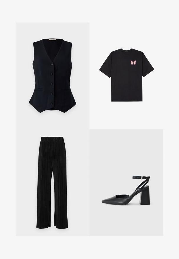 Zwarte, mouwloze vest met een v-hals, vijf knopen aan de voorkant en twee zijkockets; getailleerde pasvorm met een lichte uitloop aan de zoom.; Zwarte katoenen t-shirt met korte mouwen, voorzien van een kleine roze vlinder graphic op de linkerkant van de borst. Crew neck ontwerp met een relaxte fit.; Zwarte geplooide broek met een elastische tailleband. Beschikt over wijde pijpen en een glad, gestructureerd stof met verticale strepen.; Zwarte leren puntige pump met een enkelbandje en een chunky hak. Vlakke textuur, strakke vormgeving en minimalistische esthetiek.