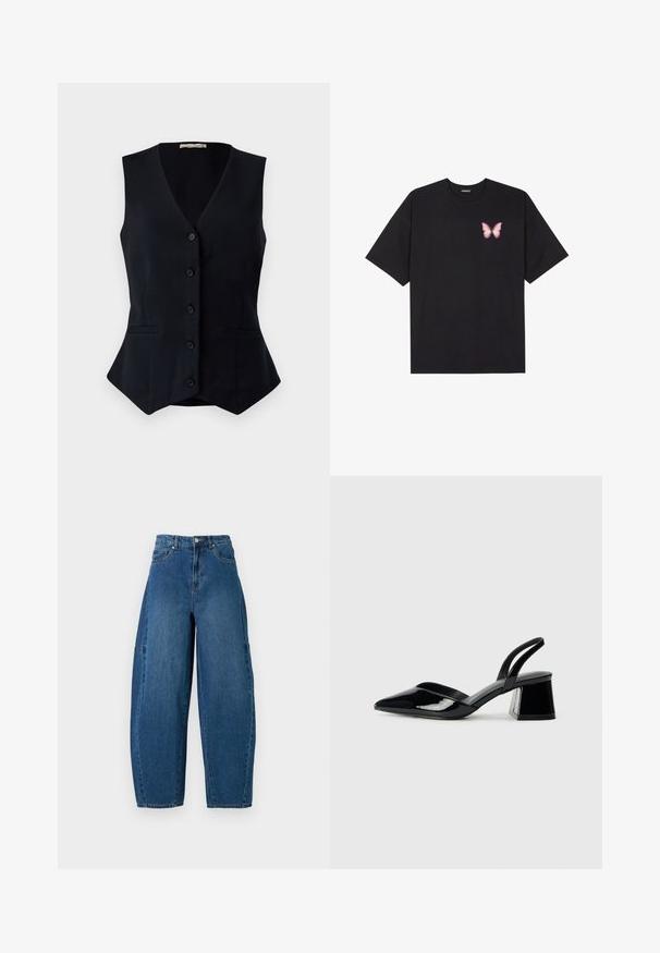 Melnā bezpiedurkņu veste ar V veida kakla izgriezumu, pieci pogas priekšpusē un divi sānu kabatas; piegriezums ar nedaudz paplašinātu apakšmalu.; Melna kokvilnas T-krekls ar īsām piedurknēm, kuram priekšā kreisajā pusē ir neliels rozā tauriņa grafiskais attēls. Ar apaļu kaklu un brīvā stila piegriezumu.; Denim bikses vidējā zilā krāsā ar augstu jostasvietu, platām kājām un standarta piecu kabatu dizainu ar redzamām šuvju detaļām.; Melna lakota āda ar atvērto papēdi, ar smailu purngalu un ģeometrisku blokpapēdi. Iezīmējas elegants, minimāls dizains un gluda tekstūra.