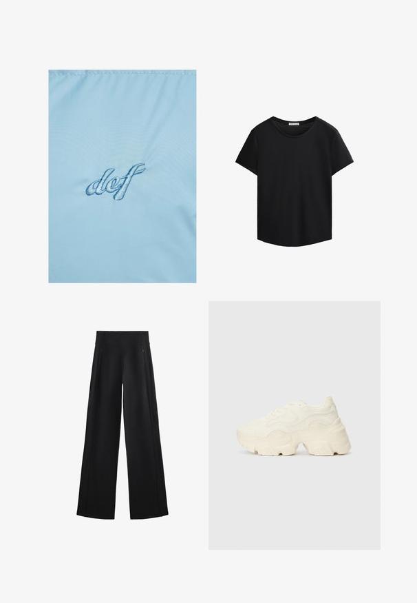 Vaaleansininen kangas, jossa on tummansinisellä brodeerattu teksti "def". Materiaalilla on sileä, hieman kiiltävä rakenne, jossa on herkkä kiilto.; Mustat lyhythihaiset T-paidat, joissa on pyöreä pääntie ja rei'itetty verkko-ominaisuus olkapäillä. Suuri kangas, rento istuvuus, kaareva helma.; Mustat, leveälahkeiset housut, jotka on valmistettu pehmeästä kankaasta. Niissä on korkea vyötärö ja kaksi vetoketjullista taskua, sekä huomaamattomat saumat sivuilla.; Paksut valkoiset lenkkarit, jotka on valmistettu teksturoidusta verkosta ja synteettisistä materiaaleista. Kenkäparissa on paksu pohja ja monimutkaisat kuviohuokoset sivuilla.