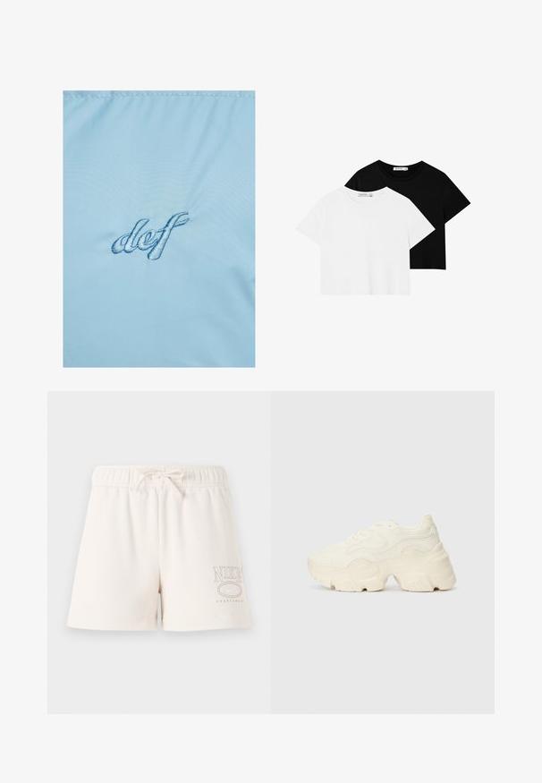 Vaaleansininen kangas, jossa on tummansinisellä brodeerattu teksti "def". Materiaalilla on sileä, hieman kiiltävä rakenne, jossa on herkkä kiilto.; Kaksi lyhythihaista T-paitaa, yksi musta ja yksi valkoinen. Valmistettu pehmeästä puuvillasta, jossa on pyöreä pääntie ja rento istuvuus.; Vaaleanbeige puuvillashortsit, joissa on joustava vyötärö, säädettävä nauha ja vaaleanruskea "NIKE SPORTSWEAR" -logo painettuna sivulle.; Paksut valkoiset lenkkarit, jotka on valmistettu teksturoidusta verkosta ja synteettisistä materiaaleista. Kenkäparissa on paksu pohja ja monimutkaisat kuviohuokoset sivuilla.