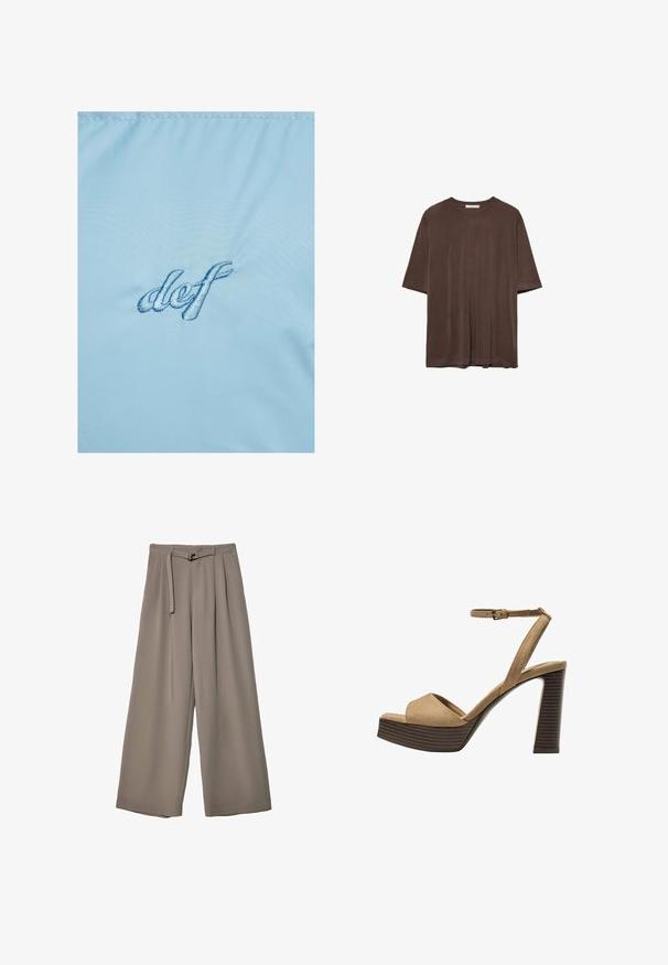 Vaaleansininen kangas, jossa on tummansinisellä brodeerattu teksti "def". Materiaalilla on sileä, hieman kiiltävä rakenne, jossa on herkkä kiilto.; Ruskea lyhythihainen t-paita, joka on valmistettu pehmeästä kankaasta. Paita on pyöreäkauluksinen ja rento leikkaukseltaan. Pintakuvasto on sileä ilman kuvioita tai koristeita.; Suurille lahkeille housuille pehmeässä, hillityssä harmaassa kankaassa, jossa on vyötäröllä vyö ja lisää muotoilun yksityiskohtia kuploissa. Sileä rakenne, ei kuvioita.; Beige-nahkareunaiset korkokengät, joissa on leveä etuolka ja ankle strap, varustettu paksulla puukengän korolla, jossa on tekstuuripinta.