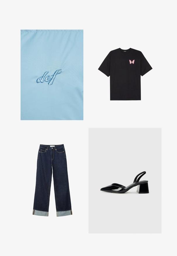 Ljusblått tyg med broderad text "def" i mörkare blått. Materialet har en slät, något glänsande struktur med en subtil lyster.; Svart bomullströja med korta ärmar, med en liten rosa fjärilsgrafik på vänster bröst. Rundad halsdesign med en avslappnad passform.; Mörkblå vida jeans med hög midja, utrustade med uppvikta fållar, kontrasterande sömmar och femficksdesign. Tillverkade av denimtyg.; Svarta lackläder slingback klackar med spetsig tå och geometrisk klack. Har en elegant, minimalistisk design och slät yta.
