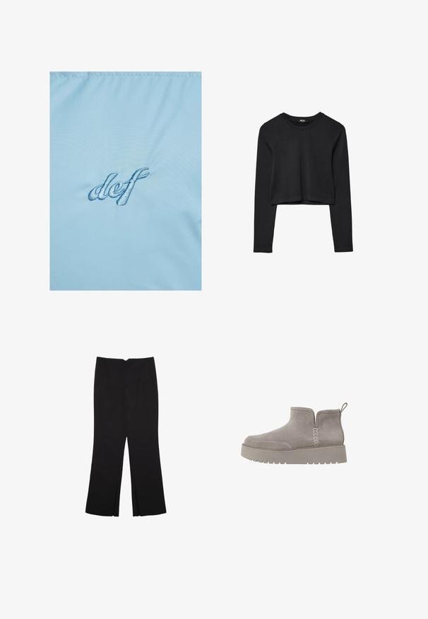 Tessuto azzurro chiaro con ricamo della scritta "def" in blu scuro. Il materiale ha una texture liscia e leggermente lucida con una sottile lucentezza.; Top cropped nero a maniche lunghe con scollatura tonda, design semplice e orlo leggermente curvo.; Pantaloni neri a gamba dritta, con tasche frontali e spacchi laterali all'orlo. Realizzati in tessuto morbido e liscio. Adatti a diverse occasioni.; Stivale alla caviglia in suede grigio, dal profilo basso, con pannelli laterali elastici e suola in gomma testurizzata. Presenta un inserto per una facile calzata.