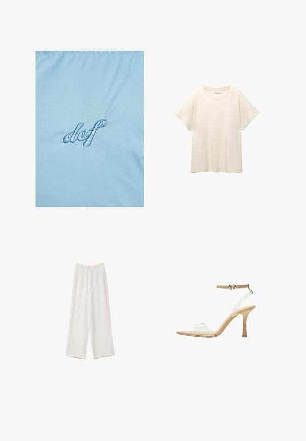 Tessuto azzurro chiaro con ricamo della scritta "def" in blu scuro. Il materiale ha una texture liscia e leggermente lucida con una sottile lucentezza.; Maglietta a maniche corte beige chiaro con scollatura rotonda, realizzata in un tessuto morbido e liscio. Presenta una vestibilità comoda e un orlo dritto.; Pantaloni a gamba larga bianchi realizzati in un tessuto leggero. Presentano una vita elastica con cordoncino e tasche laterali. Texture liscia.; Sandal con tacco trasparente e parte superiore trasparente, plantare beige e una sottile cinghia alla caviglia. Presenta una punta appuntita e un tacco alto e sottile.