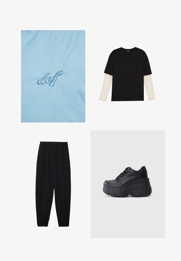 Svetlomodrá látka s vyšitým textom "def" tmavšou modrou farbou. Materiál má hladkú, mierne lesklú textúru s jemným leskom.; Čierne tričko z bavlny, s krátkymi rukávmi cez biele tričko s dlhým rukávom, s jemným textúrovaným vzorom. Design s okrúhlym výstrihom.; Čierne, ľahké nohavice s elastickým pásom a zúženými nohavicami. Tkanina je hladká a má voľný, zúžený strih.; Čierne šnurovacie tenisky s hrubou podrážkou, s hladkým koženým zvrškom, okrúhlou špičkou a charakteristickým vrstveným dizajnom platformy.