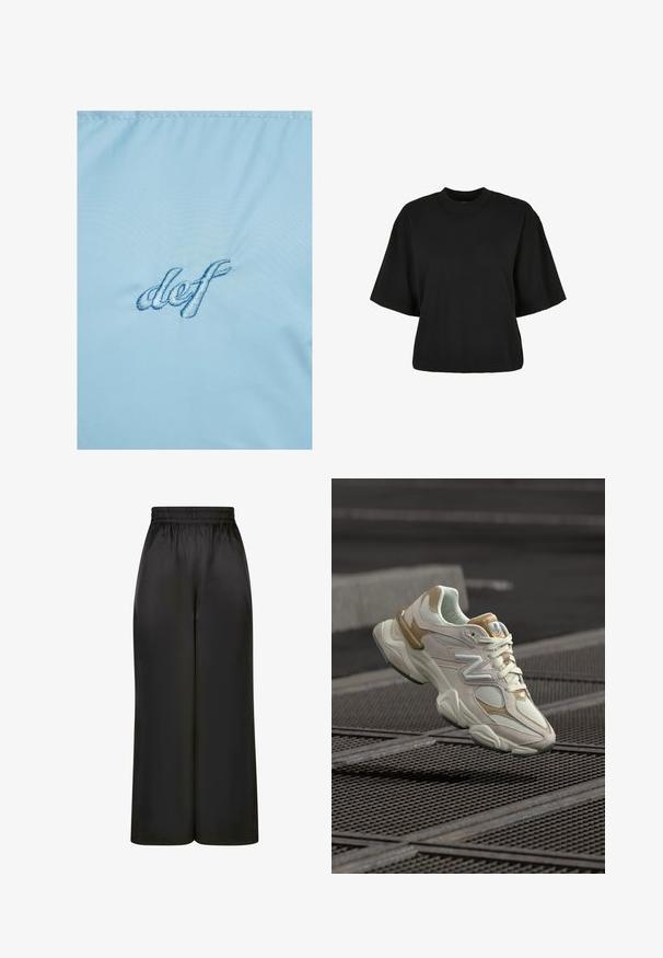 Világoskék szövet, amelyen sötétebb kék színű hímzett szöveg található: "def". Az anyag sima, enyhén fényes textúrával rendelkezik, ami finom fényességgel bír.; Fekete, rövid ujjú, pamut crop póló. Kerek nyakkivágással rendelkezik. Simára készült textúrája van, egyszerű dizájn, nincs rajta további minta.; Fekete, bő szárú nadrág, sima, fényes anyagból, rugalmas derékrésszel, látható zsebek vagy fém részletek nélkül.; Krém- és bézs színű sneaker hálós és velúr anyagokból, hangsúlyos "N" logóval, párnázott szegéllyel és texturált gumitalppal, egy rácsos felület fölött lebegve.