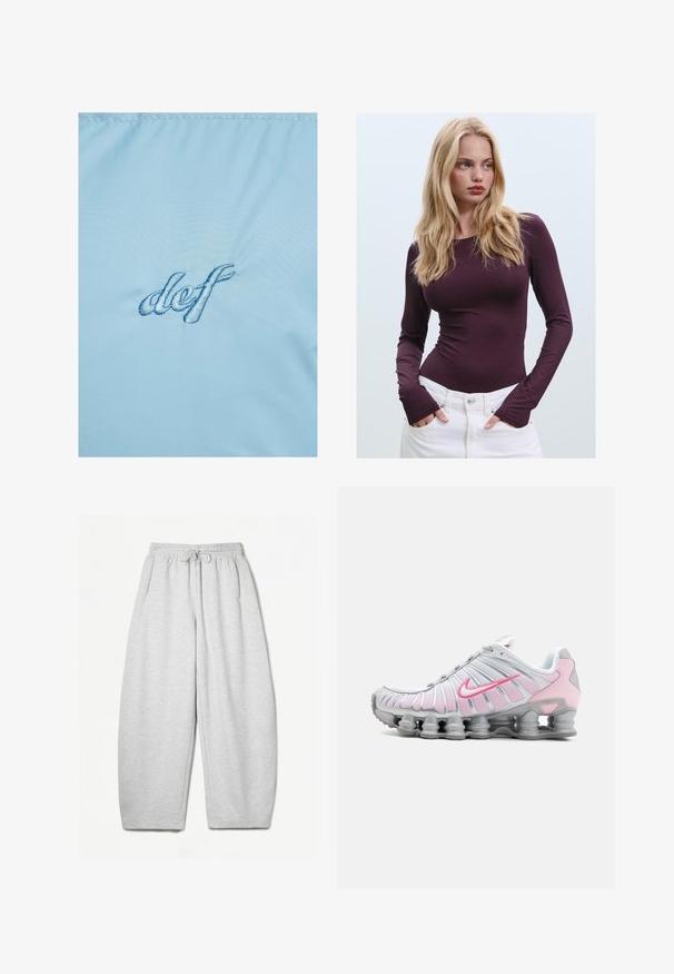 Helle blaue Stoff mit gesticktem Text "def" in dunklerem Blau. Das Material hat eine glatte, leicht glänzende Textur mit einem subtilen Schimmer.; Burgunderfarbenes, langärmeliges, tailliertes Oberteil mit Rundhalsausschnitt und Daumenschlitzen, kombiniert mit weißen hochtaillierten Hosen. Glatter Stoff und elastische Textur.; Hellgraue Sweatpants mit entspannter Passform, elastischem Bund, Kordelzug und seitlichen Taschen; aus weichem, strukturiertem Stoff gefertigt.; Nike Sportschuh in Weiß und Hellrosa. Mit einem Obermaterial aus Mesh und einer markanten, gewölbten Sohle mit sichtbarer Luftpolsterung.