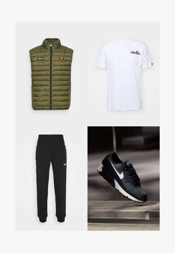 Piepūsts bez piedurknēm veste olīvu zaļā krāsā ar augstu apkakli, priekšējo rāvējslēdzēju, logotipa uzšuvi un horizontālām kviltētām struktūrām.; Balta kokvilnas T-krekls ar īsām piedurknēm, kas rotāts ar tumši zilā krāsā izšūtu logo uz kreisās krūtis un dzīvīgu krāsu akcentu virs logo.; Melnas sporta bikses, kas izgatavotas no mīkstas auduma, piedāvā sašaurinātu kāju dizainu, elastīgu jostasvietu, sānu kabatas ar rāvējslēdzējiem un mazu logo akcentu.; Melnas un zaļas kedas ar rakstainu sieta augšdaļu, baltu swoosh logo, mīkstu apkakli un redzamu gaisa amortizācijas elementu zolē.