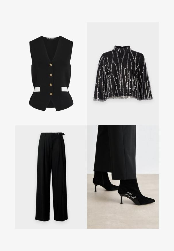 Svart stickad väst med V-ringning, som har fem guldknappar och vita detaljer på framfickorna. Slät textur och figurnära design.; Svart kort topp med hög hals, prydd med silverfärgade paljetter i vertikala linjer, genomskinliga ärmar och texturerad väv.; Svarta byxor med vida ben och hög midja, med veck framtill och ett bälte med spänne. Tillverkade av ett mjukt, lätt tyg.; Svarta mockaankelboots med spetsiga tår, smala klackar och silverdetaljer i "Kowl" på sidan. Slät textur och figursydd design.