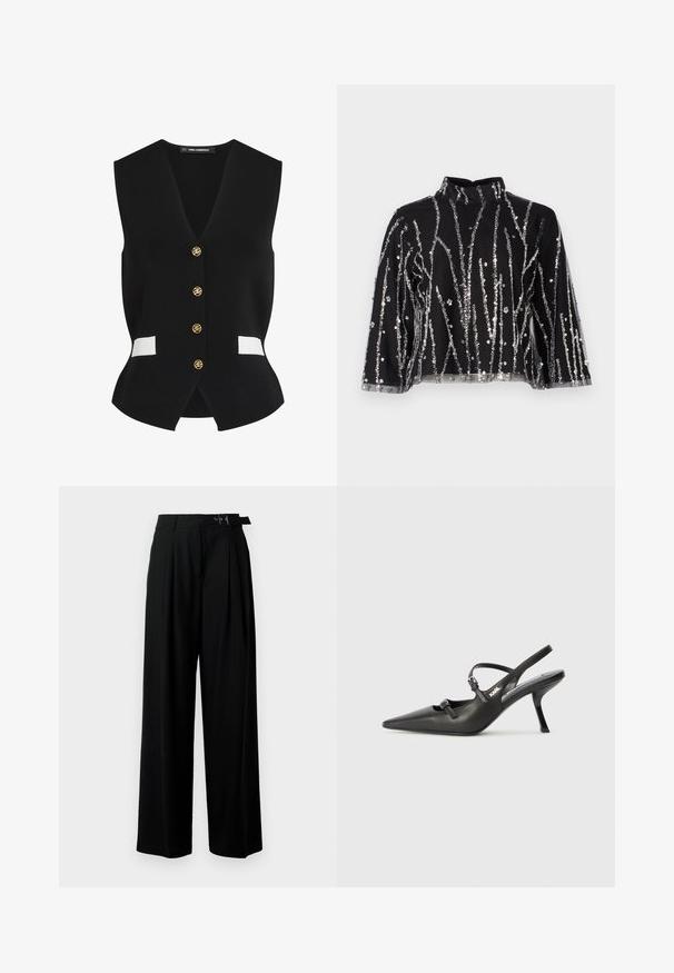 Svart stickad väst med V-ringning, som har fem guldknappar och vita detaljer på framfickorna. Slät textur och figurnära design.; Svart kort topp med hög hals, prydd med silverfärgade paljetter i vertikala linjer, genomskinliga ärmar och texturerad väv.; Svarta byxor med vida ben och hög midja, med veck framtill och ett bälte med spänne. Tillverkade av ett mjukt, lätt tyg.; Svarta läderklackar med slingback, spetsig tå, smal klack och dekorativ spänndetalj på ovansidan. Slät struktur och stilren design.