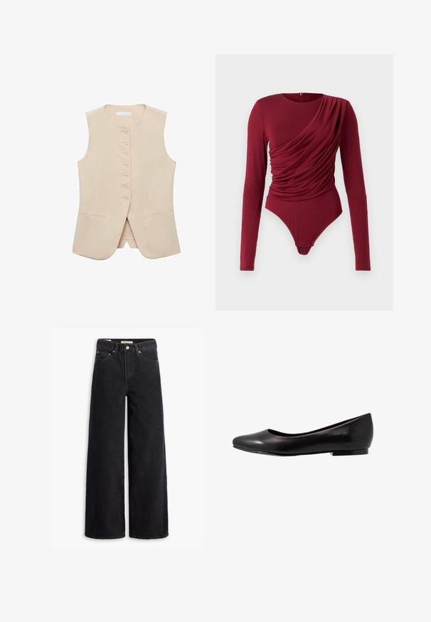 Beige ärmellose Weste mit geradem Schnitt, fünf Knöpfen vorne und zwei seitlichen Taschen. Glattes Material mit minimaler Struktur.; Langärmliger Body in tiefem Rot, mit drapierter Stoffe, rundem Ausschnitt und Druckknopfverschluss am Boden, gefertigt aus weichem Stretchmaterial.; Schwarze weite Jeans aus Denim mit fünf Taschen, Kupferrivets und einem klassischen Knopfverschluss. Glatte Textur mit einem klaren Design.; Schwarze Ballerinas aus glänzendem Leder mit runder Spitze und flacher, niedriger Sohle. Sie haben eine glatte Textur und ein einfaches, elegantes Design.