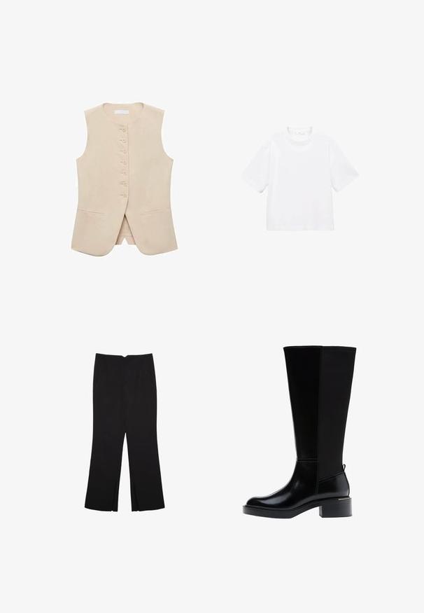 Béžový bezrukávový vest s rovnými strihom, predným zapínaním na päť gombíkov a dvoma bočnými vreckami. Hladká látka s minimálnou textúrou.; Biely bavlnený tričko s krátkym rukávom a okrúhlym výstrihom. Jednoduchý dizajn, voľný strih, hladká textúra. Žiadne vzory ani akcenty nie sú viditeľné.; Čierne nohavice so strihom rovného strihu, s prednými vreckami a bočnými rozparkami na leme. Vyrobené z mäkkej, hladkej tkaniny. Vhodné na rôzne príležitosti.; Čierna čižma po kolená s hladkým koženým povrchom, výrazným šitím, masívnym podpätkom a textúrovaným zadným panelom pre väčší záujem.
