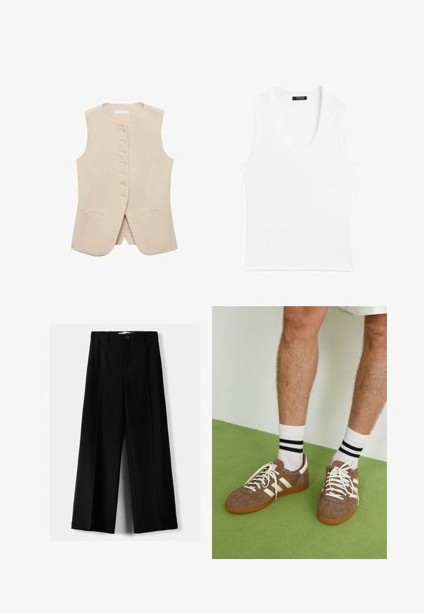 Beige mouwloze vest met een rechte snit, vijf knopen aan de voorkant en twee zijzakken. Gladde stof met minimale textuur.; Witte mouwloze tanktop met een ronde hals, gemaakt van ribbelstof; eenvoudig ontwerp zonder patronen of versieringen.; Zwarte wijde broek van lichtgewicht stof, met een knoopsluiting aan de voorkant en een vlakke achterkant, afgewerkt met keurig gestikte zoom.; Bruine suède sneakers met witte accenten en veters. Rubberen gumzool. Draag met witte sokken met zwarte strepen. Groene gestructureerde vloer.