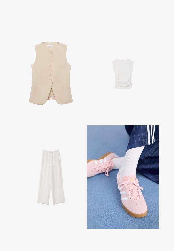 Beige ärmellose Weste mit geradem Schnitt, fünf Knöpfen vorne und zwei seitlichen Taschen. Glattes Material mit minimaler Struktur.; Weißes Kurzarmoberteil mit Rundhalsausschnitt. Verfügt über geraffte Textur an den Seiten und eine figurbetonte Silhouette, gefertigt aus weichem, dehnbarem Material.; Weiße weit geschnittene Hose aus leichtem Stoff. Mit einem elastischen Bund und Kordelzug sowie Seitentaschen. Glatte Textur.; Hellrosa Wildleder-Sneaker mit weißen Streifen und Schnürsenkeln, ausgestattet mit einer strukturierten Zunge und einer Gummisohle, auf einem blauen Teppich platziert.