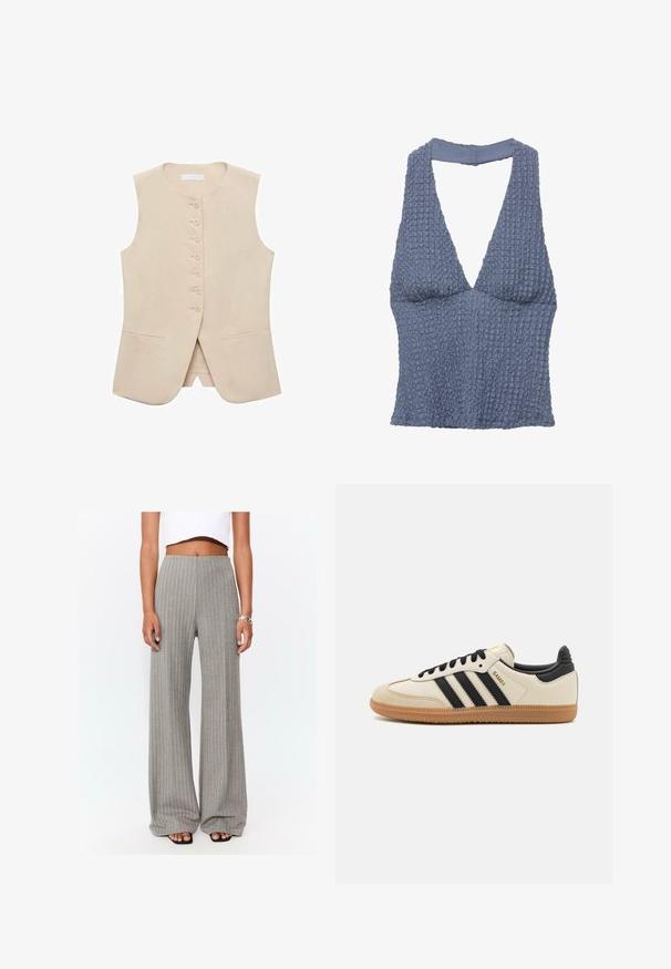 Gilet sans manches beige avec une coupe droite, devant à cinq boutons et deux poches latérales. Tissu lisse avec une texture minimale.; Crop top texturé bleu avec un décolleté en V profond et des bretelles larges, fabriqué à partir d'un tissu tissé ayant une apparence légèrement froissée.; Pantalons larges gris avec une texture en côtes verticales, taille haute et une coupe fluide. Associés à un haut court blanc et des sandales noires.; Baskets de sport beiges avec des rayures noires, semelle en caoutchouc gomme et accents noirs. Elles présentent un dessus en cuir lisse et un design de bout arrondi.