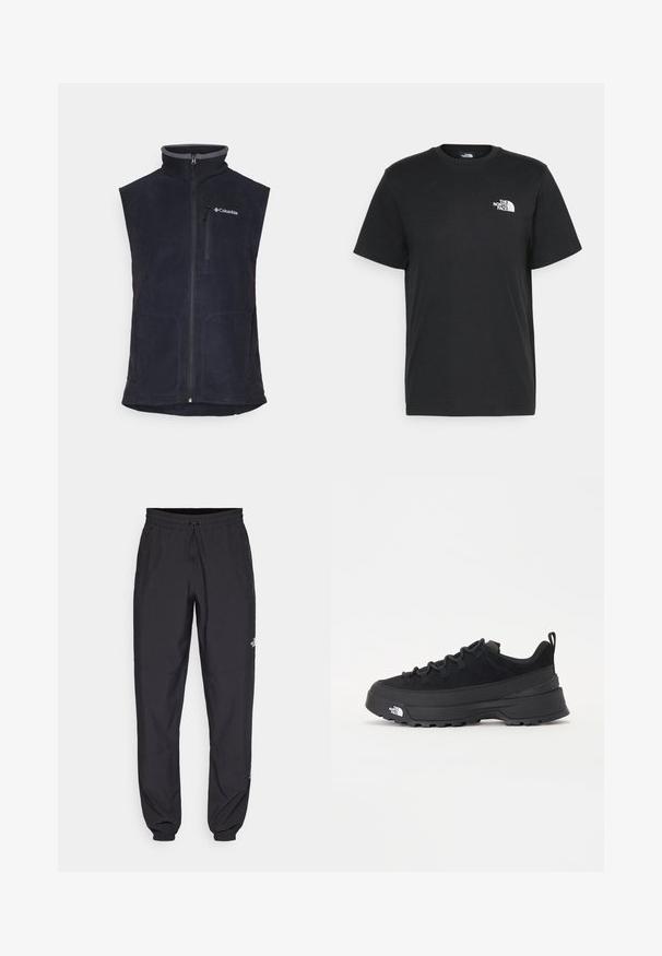 Colete de fleece azul-marinho com gola alta, fecho éclair frontal e dois bolsos laterais. Apresenta um detalhe cinza na gola e um logótipo no peito esquerdo.; T-shirt de algodão preto com mangas curtas, decote redondo e um pequeno logótipo branco no lado esquerdo do peito. Design simples, textura suave e corte relaxado.; Calças atléticas pretas feitas de tecido leve, com um cós ajustável por cordão, bolsos laterais e punhos afunilados nos tornozelos.; Sapatilha de exterior preta com parte superior em camurça, sola de borracha texturizada e sistema de atacadores robusto. Apresenta um calcanhar reforçado e o logótipo da marca na lateral.