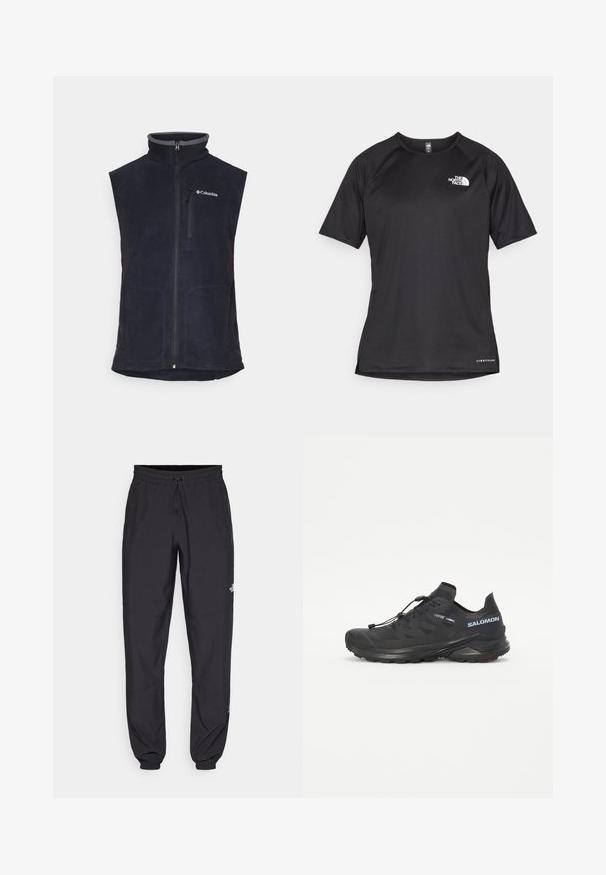 Colete de fleece azul-marinho com gola alta, fecho éclair frontal e dois bolsos laterais. Apresenta um detalhe cinza na gola e um logótipo no peito esquerdo.; Camisa atlética preta de manga curta com um tecido texturizado, apresentando um logotipo branco no peito esquerdo e uma bainha reta.; Calças atléticas pretas feitas de tecido leve, com um cós ajustável por cordão, bolsos laterais e punhos afunilados nos tornozelos.; Sapatilha de trail running preta com um upper texturizado, atacadores elásticos e sola Contagrip. Apresenta um ajuste confortável e uma biqueira protetora.