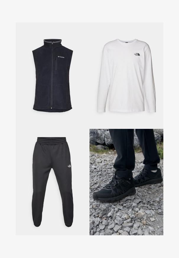 Tummansininen fleece-liivi, jossa on korkea kaulus, edessä vetoketju ja kaksi sivutaskua. Kauluksessa ja vasemmassa rinnassa on harmaa logo.; Valkoinen pitkähihaisen T-paita, joka on valmistettu puuvillasta ja jossa on pyöreä kaula-aukko. Rintamuksessa on pieni musta logo. Sileä kangas, normaali malli.; Mustat collegehousut, joissa on nauhakuomu vyötäröllä, kapeneva fit, elastiset hihansuut ja pieni valkoinen logo vasemmassa reidessä, valmistettu sileästä kankaasta.; Mustat ulkokengät, joissa on verkko- ja synteettinen materiaali, teksturoitu päällinen, varma nauhoitusjärjestelmä ja kestävä pohja kivikkoisella maastolla.