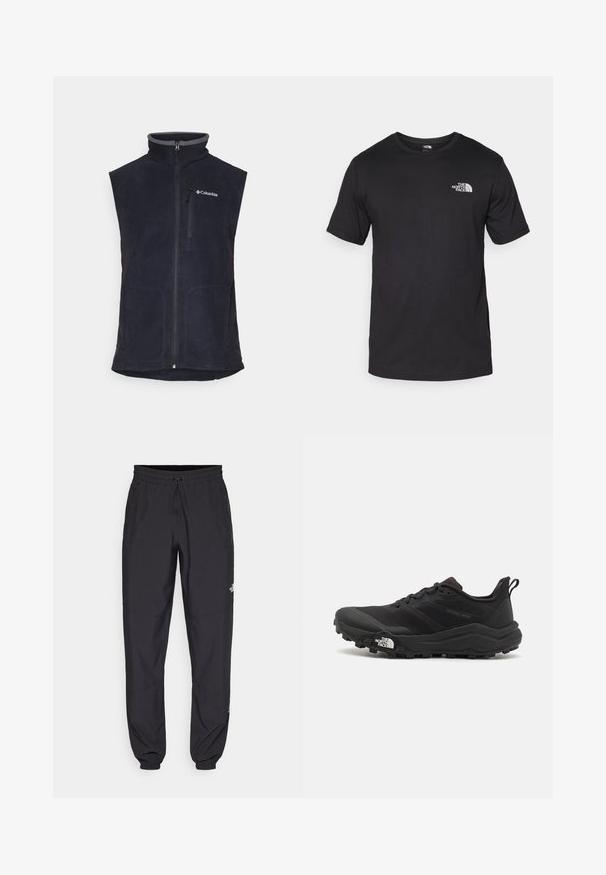 Vest din fleece de navy cu guler înalt, fermoar frontal și două buzunare laterale. Prezintă un accent gri pe guler și un logo pe pieptul stâng.; Tricou scurt din bumbac, de culoare neagră, cu guler rotund și un mic logo alb în partea de sus a pieptului stâng.; Pantaloni atletici negri, confecționați dintr-un material ușor, cu un tiv elastic la talie, buzunare laterale și tivuri ajustate la gleznă.; Pantofii de alergare pe teren accidentat, de culoare neagră, cu un superior texturat, talpă din cauciuc și vârf întărit. Prezintă un guler căptușit și o bandă de prindere pentru îmbrăcare ușoară.