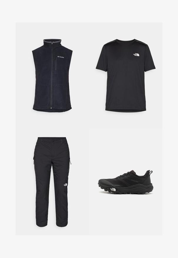 Mornarska flis brezrokavnik z visokim ovratnikom, sprednjim zadrgo in dvema stranskima žepoma. Ima sivo akcentno barvo na ovratniku in logotip na levem prsnem delu.; Črna kratkosleevena majica iz lahkotnega materiala. Ima majhen bel logo na levem prsnem delu in diskretne poudarke na ramenskem predelu.; The North Face WINTER EXPLORATION TAPERED CARGO - Hlače za na prostem - black; Črne tekaške čevlje za trail s teksturirano zgornjega dela, gumijastim podplatom in ojačanim zaključkom prstov. Vključuje oblazinjen ovratnik in zanko za enostavno obuvanje.