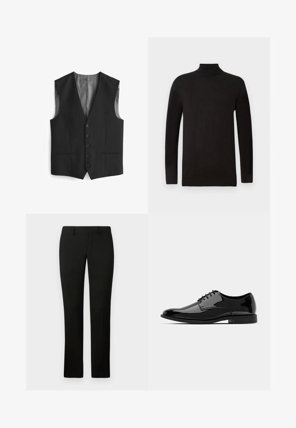 Chaleco negro con escote en V, cierre de cinco botones, dos bolsillos laterales y forro de satén en la parte trasera. Textura de tela suave.; Suéter negro de cuello alto en una suave tela de punto. Presenta mangas largas y un diseño ajustado con un cuello y un dobladillo acanalados. Marca mínima.; Pantalones negros con un corte a medida, que presentan una textura suave y un diseño de pierna recta. La cintura tiene pasadores para cinturón y un acabado limpio.; Zapato de vestido de charol negro con puntera redondeada, diseño de cordones y superficie lisa y brillante. Cuenta con una suela de goma de perfil bajo.