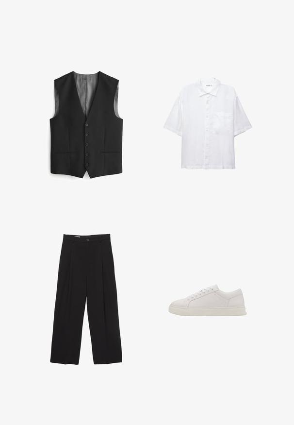 Crni prsluk s V-izrezom, zatvaranje na pet dugmadi, dva bočna džepa i podstava od satena na leđima. Glatka tekstura tkanine.; Bijela košulja kratkih rukava s kopčanjem sprijeda, ovratnikom i jednim džepom na prsima. Izrađena je od lagane tkanine s glatkom teksturom.; Crne široke hlače od glatkog materijala, s ravnim pojasom, prednjim nabranim detaljima i zatvaranjem na jedan gumb.; Bijele kožne tenisice s okruglim vrhom, ravnim potplatom i šest rupa za vezanje. Imaju glatku teksturu i minimalistički dizajn. Nema vidljivih uzoraka ili naglasaka.