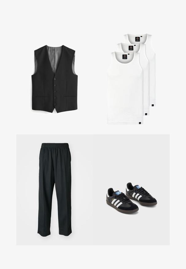 Črna brezrokavnik z v-zareznim izrezom, petimi gumbi za zapiranje, dvema stranskima žepoma in satenskim podkrovom na hrbtni strani. Gladka tekstura tkanine.; Tri bele rebraste majice brez rokavov iz bombaža. Imajo okroglo izreza in majhne črne etikete blizu roba. Na voljo v več velikostih.; Crne športne hlače z elastiko v pasu, narejene iz gladkega materiala, z diskretnim stranskim šivanjem in ohlapnim krojem ter ravnimi nogavicami.; Črne športne copate z zgornjim delom iz semiša in sintetičnih materialov, ki imajo tri bele črte, teksturiran gumijast podplat in modro označevalno oznako na jeziku.
