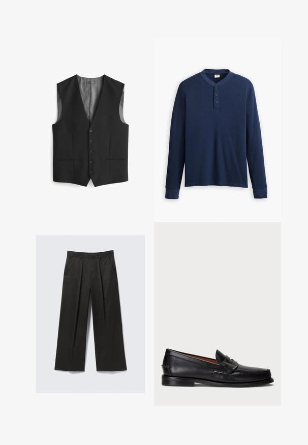 Melnā veste ar V veida dekoltē, piecu pogu aizdari, divām sānu kabatām un satīna apdari uz muguras. Gluda auduma tekstūra.; Ilgi piedurknes tumši zilā henley krekls, izgatavots no ribotas auduma. Iezīmē apaļu kakla izgriezumu un trīs pogu aizdari. Piedurkņu gali ir pieguļoši.; Melnas platās bikses ar gludu tekstūru, ar divām priekšējām kabatām un nedaudz paaugstinātu vidukli.; Melnas ādas loafers ar noapaļotu purngalu, šuvju apdari un dekoratīvu joslu priekšā. Plakana zole ar minimālu profilu.