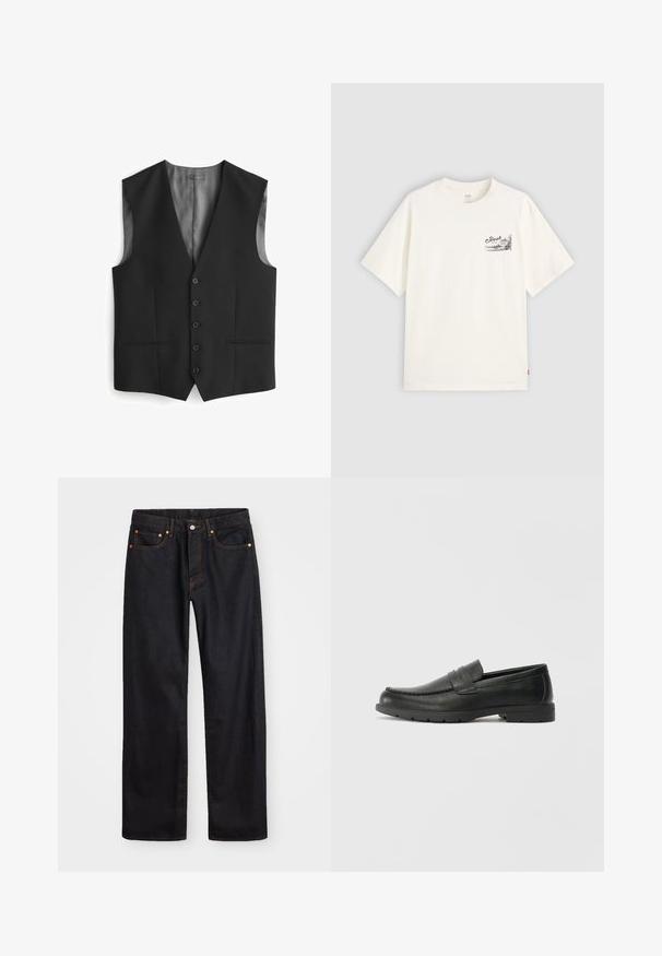 Schwarze Weste mit V-Ausschnitt, fünf Knopfverschluss, zwei Seitentaschen und Satin-Futter auf der Rückseite. Glatte Stoffstruktur.; Weißes T-Shirt mit kurzen Ärmeln aus Baumwolle, mit einem schwarzen Grafikdesign auf der linken Brustseite, auf dem das Wort "Fresh" steht.; Herren gerade geschnittene schwarze Jeans aus Denim mit fünf Taschen und orangefarbenen Nähten, Knopf- und Reißverschluss vorne am Bund.; Schwarze Lederloafers mit glatter Oberfläche, Mokassin-oberteil, genähten Details und Gummisohle. Klassisches Design mit niedrigem Absatz.