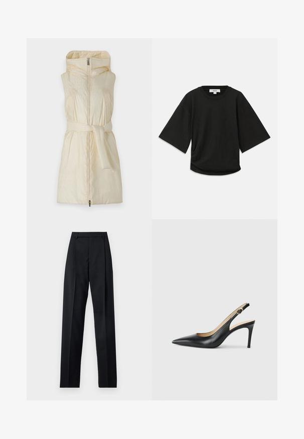Párnázott ujjatlan kabát világoskrém színben, magas gallérral, cipzáros záródással és derékon lévő szövet övvel; diszkrét kidomborodó mintákkal rendelkezik.; Fekete, rövid ujjú póló puha pamutból, lekerekített nyakkal és laza szabással, oldalán finom ráncolással.; Fekete nadrág sima anyagból, magas derékkal, széles lábakkal, elülső redőkkel és klasszikus övhurkokkal. Oldalzsebek nem láthatók.; Fekete bőrből készült, hegyes orrú, állítható pánttal rendelkező magassarkú szandál, elegáns tűsarokkal, sima felülettel.
