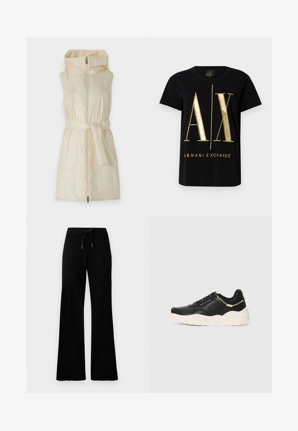Gepolsterte ärmellose Jacke in hellem Creme mit hohem Kragen, Reißverschluss und einem Stoffgürtel in der Taille; mit dezenten geprägten Mustern.; Schwarzes Baumwoll-T-Shirt mit großem, goldfarbenem "A/X"-Logo und dem Text "ARMANI EXCHANGE", mit kurzen Ärmeln, rundem Ausschnitt und glatter Textur.; Schwarze, weit geschnittene Sweatpants mit einem Kordelzugbund, seitlichen Schlitzdetails, weichem Stoff und einem eleganten Design.; Schwarze Ledersneaker mit einer klobigen cremefarbenen Sohle, goldfarbenen Kettenakzenten und schwarzen Schnürsenkeln. Glatte Textur mit geprägtem Branding an der Seite.