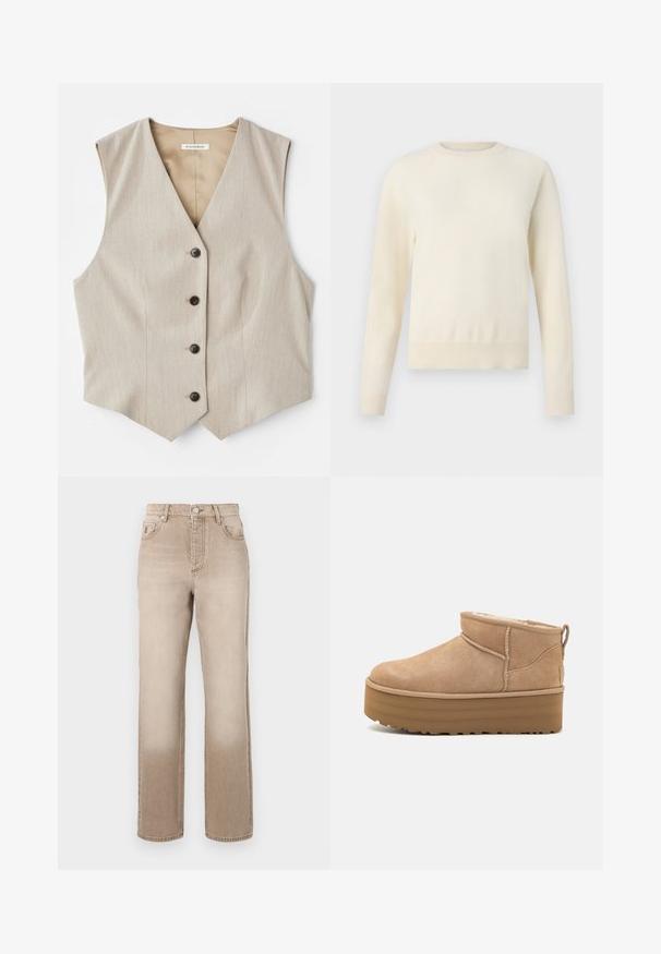 Beige vest with a textured fabric, v-neckline, and five dark buttons. Features straight cut hem and no sleeves for a tailored look.; Light cream-colored sweater with long sleeves, round neckline, and ribbed hem. Made from a soft material, featuring a smooth texture.; Beige denim jeans with a slightly faded effect, straight leg design, five-pocket style, and a metal button closure at the waist.; Beige suede ankle boots with a plush interior, featuring a platform sole and a pull tab at the back for easy wear. Textured rubber outsole.