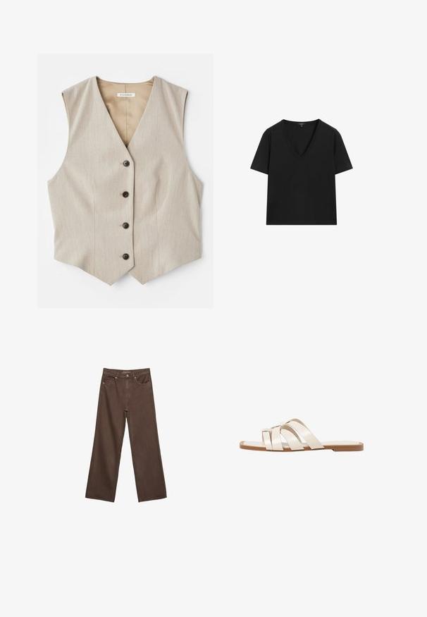Beige vest with a textured fabric, v-neckline, and five dark buttons. Features straight cut hem and no sleeves for a tailored look.; Black short-sleeve V-neck T-shirt with a simple, fitted design on a white background.; Wide-leg brown jeans made of denim, featuring a high waist, front pockets, and a classic button closure. Smooth texture with subtle stitching.; Flat sandals with a tan rubber sole, designed with three overlapping white leather straps and a small bow detail at the center.