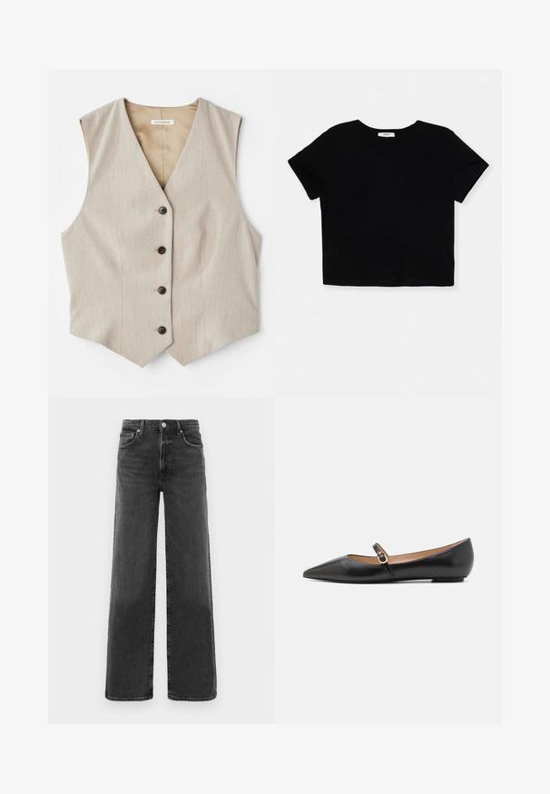 Bežinė liemenė iš tekstūruotos medžiagos, V formos iškirptė ir penki tamsūs mygtukai. Turi tiesų apatinį kraštą ir be rankovių, suteikdama pritaikytą išvaizdą.; Juoda trumpa medvilninė marškinėliai, pagaminti iš minkštos medvilnės, turi trumpas rankoves, apvalų iškirpimą ir švarų apdailą be dekoracijų.; Juodos džinsinės kelnės su aukštu liemeniu, tiesiomis kojomis, priekyje su sagtele ir užtrauktuku, dviem priekinėmis kišenėmis ir dviem galinėmis kišenėmis.; Juodos odinės baleto bateliai su smailiu pirštu ir šoniniu dirželiu, papuoštu apvaliu auksiniu akcentu. Lengvi su plokščiu padu.