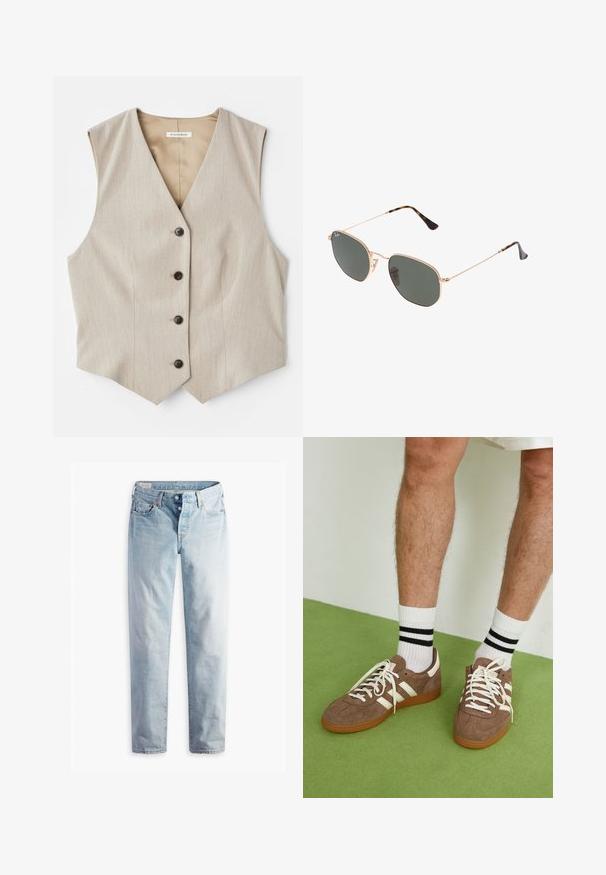Beżowa kamizelka z teksturowanej tkaniny, dekolt w serek i pięć ciemnych guzików. Posiada prosty krój hemu i brak rękawów, co nadaje jej elegancki wygląd.; Biała bluzka z długim rękawem o szerokim dekolcie, z bocznymi rozcięciami i gładkiego, lekkiego materiału, charakteryzująca się prostym, minimalistycznym designem.; Jasnoniebieskie dżinsy o prostym kroju nogawki, z dwiema kieszeniami z przodu i dwiema z tyłu. Posiadają zapięcie na dwa guziki i subtelne przeszycia.; Brązowe zamszowe sneakersy z białymi akcentami i sznurówkami. Gumowa, brązowa podeszwa. Noszone z białymi skarpetkami w czarne paski. Zielona teksturowana podłoga.; Złote okulary przeciwsłoneczne w stylu aviatora z ciemnozielonymi soczewkami, z wąskimi ramionami i akcentami w panterkę na końcach.; Mała czarna skórzana torebka o zaokrąglonym kształcie, z uchwytem na górze i odpinanym paskiem. Noszona z czarną sukienką materiałową i czarnymi plisowanymi butami.