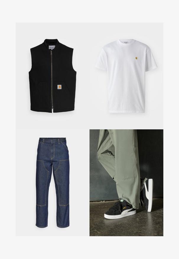 Carhartt WIP VEST DEARBORN - Liivi - black rigid; Valkoinen puuvillapaita lyhyillä hihoilla, pyöreä kaula-aukko, jossa on pieni kultainen logo vasemmassa rintapielessä. Pehmeä kangas ja normaali istuvuus.; Tummansiniset farkut, joissa on korkea vyötärö, suora lahje, eriväriset ompeleet ja etupuolella pakki-taskut.; Mustat mokkakengät, joissa on valkoiset kumipohjat ja sivuraitoja, yhdistettynä vaaleanvihreisiin cargo-housuihin, seisoen tummalla teksturoidulla pinnalla.