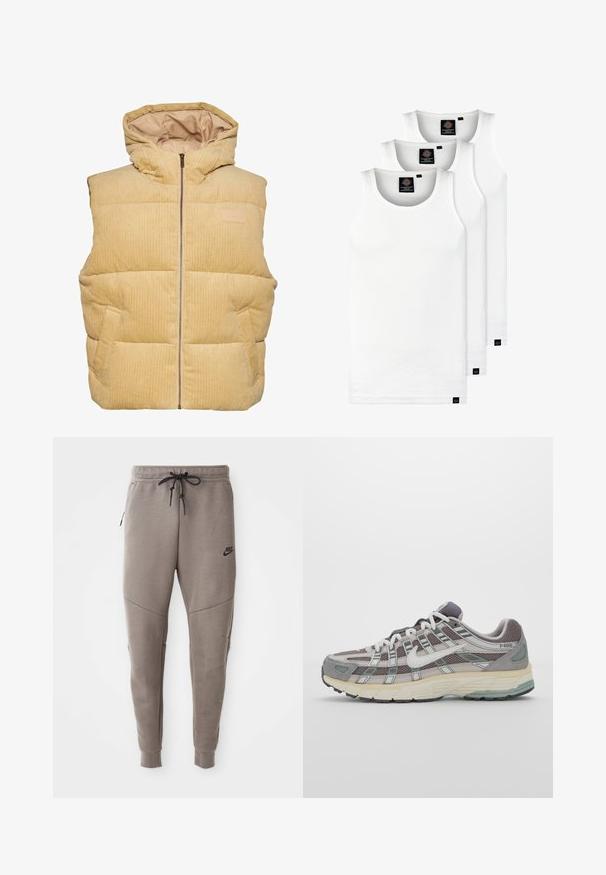 Rumena kordurojska puffer brezrokavnik s kapuco, z zadrgo spredaj, stranskimi žepi in prešitim, teksturiranim vzorcem.; Tri bele rebraste majice brez rokavov iz bombaža. Imajo okroglo izreza in majhne črne etikete blizu roba. Na voljo v več velikostih.; Sive Nike trenirke z vrvico v pasu, pripete noge, stranske žepke in izrazitim šivom. Mehka, teksturirana tkanina.; Sive športne čevlje z zgornjim delom iz mrežastega in semiš materiala, belimi akcenti, oblazinjenim podplatom ter edinstvenim dizajnom z odsevnimi elementi.