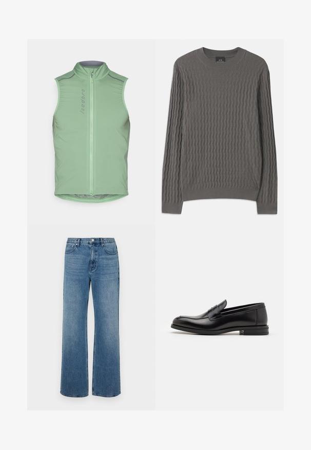 Sleeveless cycling vest in light green, with a high collar and front zipper. Features reflective accents and a fitted design. Smooth, lightweight fabric.; Armani Exchange Jumper - dark gull zig zag; Wide-leg blue jeans made of denim with a faded finish. Features five pockets, a front button closure, and a straight cut.; Black leather loafers with a smooth texture, rounded toe, and a decorative strap across the vamp. Low stacked heel, minimalist design.