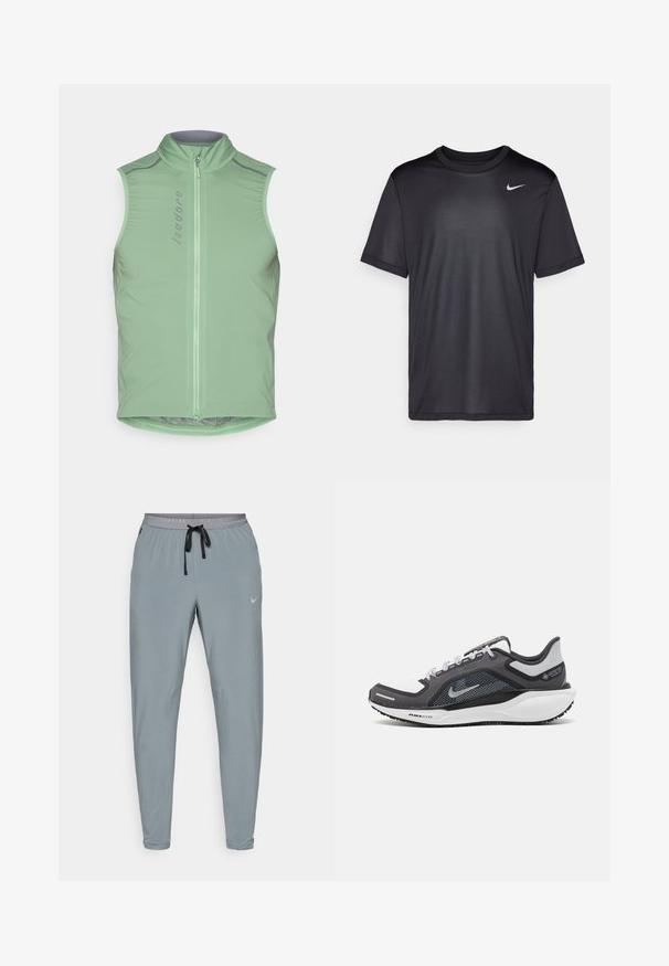 Bezrukávový cyklistický vest v svetlozelené farbe, s vysokým golierom a predným zipsom. Má reflexné akcenty a priliehavý strih. Hladká, ľahká tkanina.; Čierne športové tričko s krátkym rukávom, okrúhlym výstrihom, vyrobené z hladkej tkaniny. Obsahuje malé biele logo Nike na hornej ľavej strane.; Sivé športové nohavice so slim fit strihom, elastickým pásom, šnúrkou na stiahnutie a diskrétnym logom Nike. Vyrobené z ľahkej, hladkej tkaniny.; Čierna a sivá športová obuv s vrchnou časťou z priedušného materiálu, reflexné akcenty a biely medzipodrážka. Obsahuje štruktúrovanú gumovú podrážku a šnúrky.