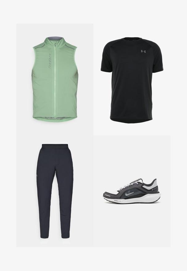 Hihaton pyöräilyliivi vaaleanvihreänä, korkean kauluksen ja edessä olevan vetoketjun kanssa. Varustettu heijastavilla yksityiskohdilla ja istuvalla muotoilulla. Sujuva, kevyt kangas.; Musta lyhythihainen urheilu paita, joka on valmistettu sileästä ja kevyestä kankaasta. Paitassa on pyöreä kaula-aukko ja huomaamaton logo rinnassa.; Mustat urheiluhousut, joissa on sileä pinta, kapea malli, joustava vyötäkuja ja sivutaskut. Vasemmassa reisissä on pieni logo.; Musta ja harmaa urheilukenka, jossa on verkkopäällinen, heijastavat yksityiskohdat ja valkoinen välipohja. Varustettu kuvioidulla kumipohjalla ja nauhoilla.