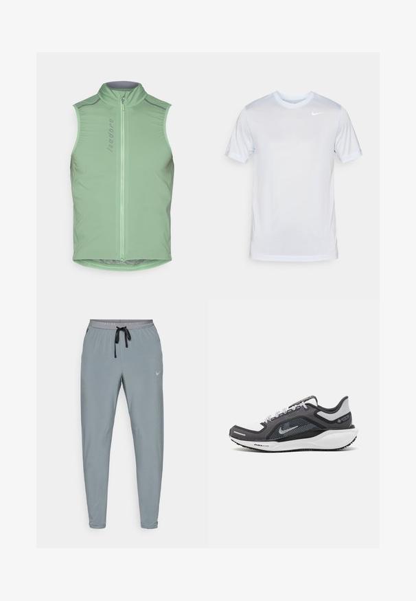 Mouwloze fietsvest in lichtgroen, met een hoge kraag en een rits aan de voorkant. Bevat reflecterende accenten en heeft een getailleerd ontwerp. Gemakkelijk en lichtgewicht stof.; Nike Performance TEE NEW VENEER - Sport T-shirt - football grey/pure/white; Grijze sportbroek met een slim fit, elastische tailleband, trekkoord en subtiele Nike-logo. Gemaakt van lichtgewicht, gladde stof.; Zwarte en grijze sportschoen met een bovenwerk van mesh, reflecterende accenten en een witte tussenzool. Beschikt over een gestructureerde rubberen zool en veters.