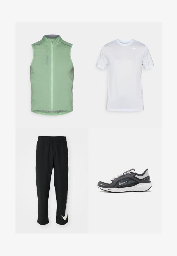 Gilet de cyclisme sans manches en vert clair, avec un col haut et une fermeture éclair sur le devant. Comprend des accents réfléchissants et une coupe ajustée. Tissu léger et lisse.; Nike Performance TEE NEW VENEER - T-shirt de sport - football grey/pure/white; Pantalons de sport noirs avec une ceinture élastique, design fuselé, dotés d'un grand logo Nike blanc sur la jambe gauche. Tissu doux et léger.; Baskets de sport noires et grises avec un empeigne en maille, des accents réfléchissants et un intermédiaire blanc. Comprend une semelle extérieure en caoutchouc texturé et des lacets.