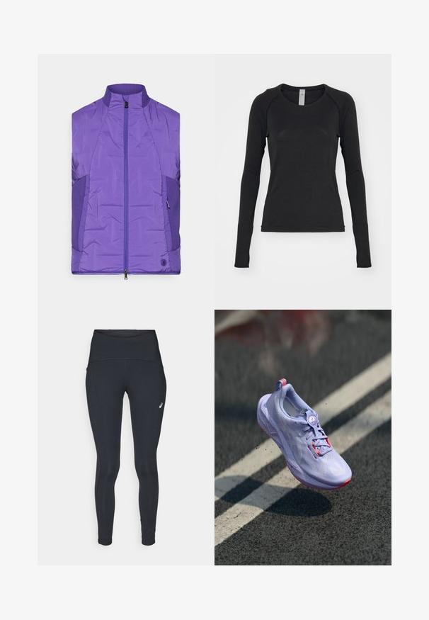 Lila, ujjatlan párnázott dzseki magas gallérral, elülső cipzárral és kontrasztos textúrájú oldalsó panelekével.; Fekete hosszú ujjú póló, puha anyagból készült. Kerek nyakú és rakott ujjal rendelkezik, az ujjak végén hüvelykujjnak való nyílással. Minimalista dizájn.; ASICS ROAD HIGH WAIST - Téli harisnyanadrág - performance black; Világosszürke futócipő, texturált felsőrésszel, rózsaszín díszítéssel, kerek fűzőrendszerrel és pöttyözött talppal, aszfalt háttér előtt emelve.